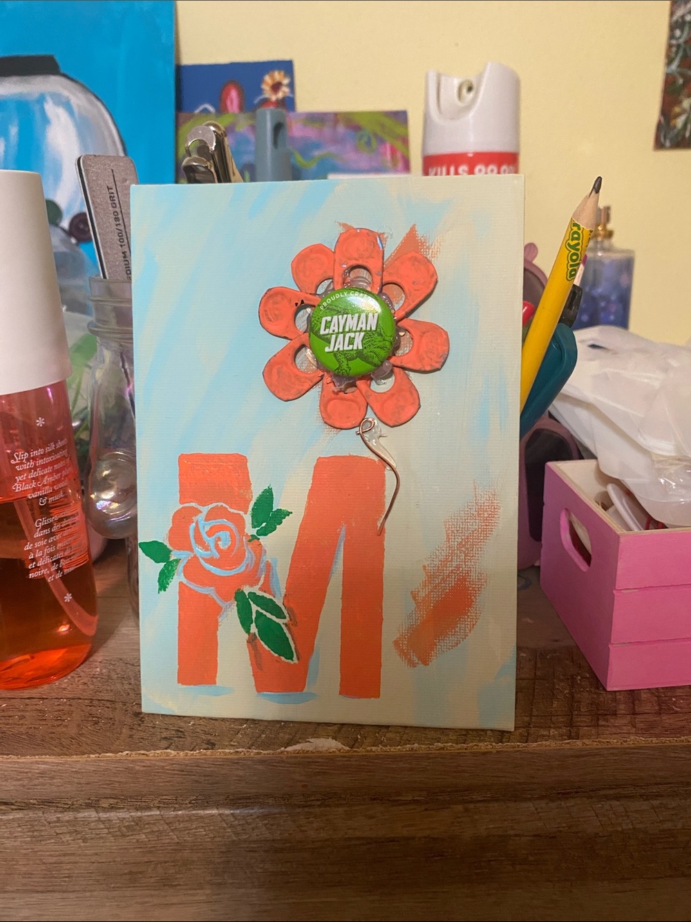 Cayman Jack Bottle Cap Flower Canvas Art in Coral and Sky Blue 5x7